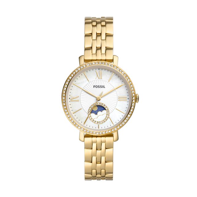 Ladies' Fossil Jacqueline Crystal Accent Gold-Tone Watch with Mother-of-Pearl Dial (Model: Es5167)