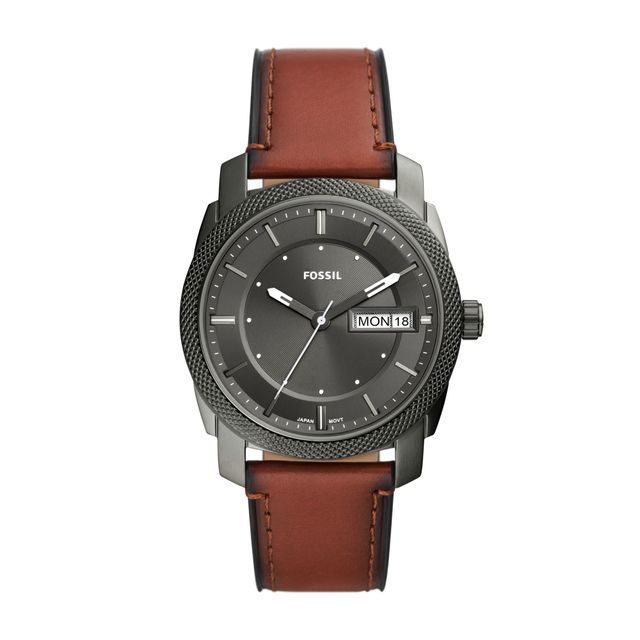 Men's Fossil Machine Gunmetal Grey Brown Leather Strap Watch with Grey Dial (Model: Fs5900)