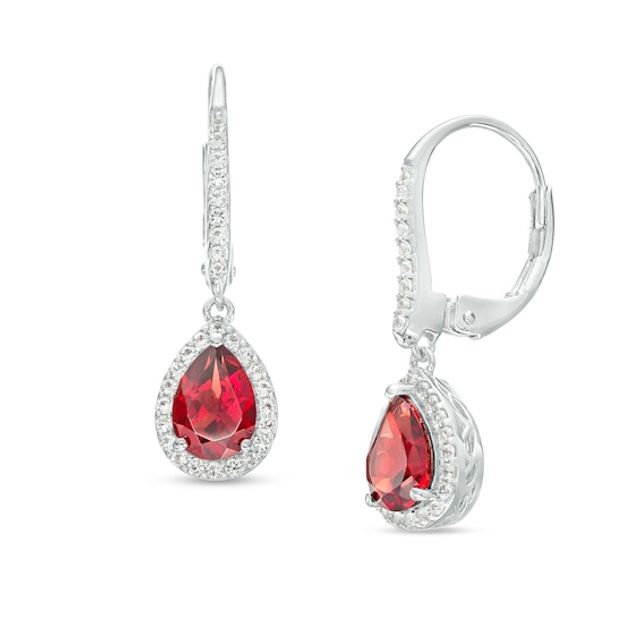 Pear-Shaped Garnet and White Lab-Created Sapphire Frame Drop Earrings in Sterling Silver