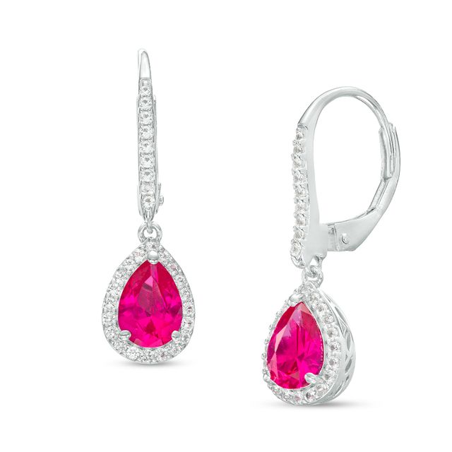 Pear-Shaped Lab-Created Ruby and White Lab-Created Sapphire Frame Drop Earrings in Sterling Silver