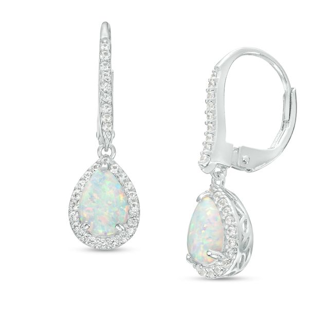 Pear-Shaped Lab-Created Opal and White Lab-Created Sapphire Frame Drop Earrings in Sterling Silver