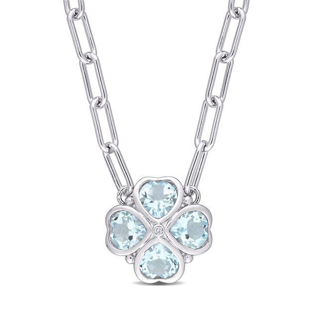 6.0mm Heart-Shaped Sky Blue Topaz and Diamond Accent Clover Necklace in Sterling Silver