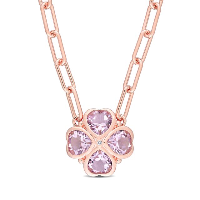 6.0mm Heart-Shaped Amethyst and Diamond Accent Clover Necklace in Sterling Silver with Rose Rhodium