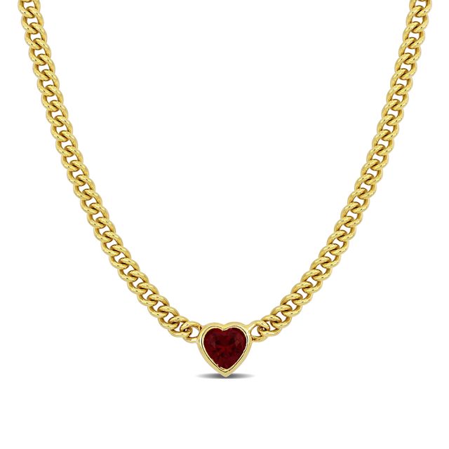 8.0mm Heart-Shaped Lab-Created Ruby Solitaire Curb Chain Necklace in Sterling Silver with Yellow Rhodium