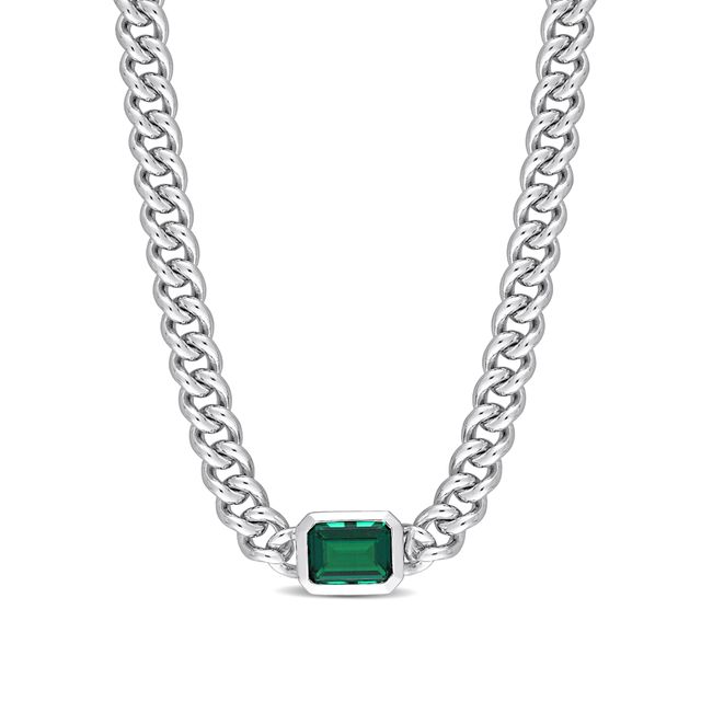 Octagonal Lab-Created Emerald Solitaire Curb Chain Necklace in Sterling Silver