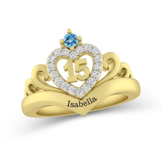 Engravable Gemstone and Lab-Created White Sapphire QuinceaÃ±era Heart Crown Ring (1 Stone and Line)