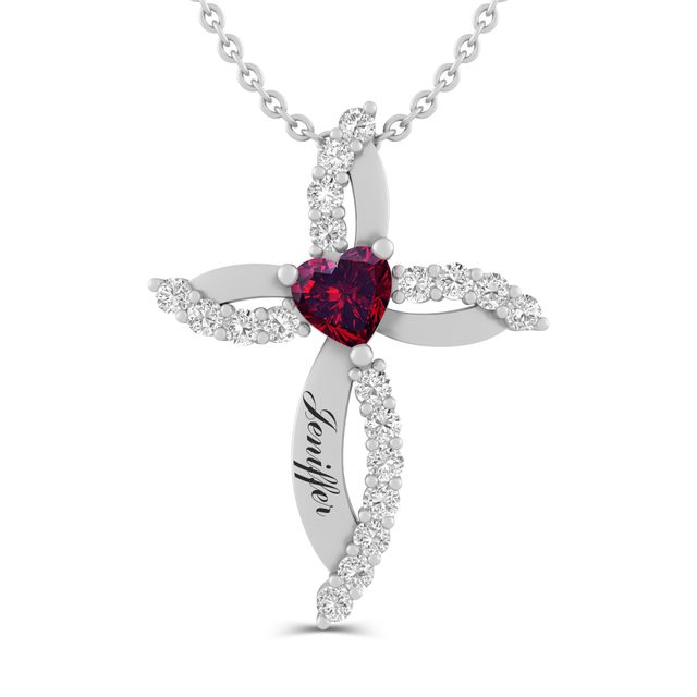 Engravable Heart-Shaped Gemstone and White Lab-Created Sapphire Ribbon Cross Pendant (1 Stone and Line)