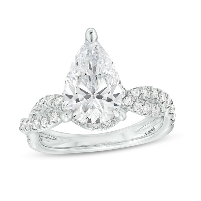 KleinfeldÂ® x Zales 3-1/2 CT. T.w. Certified Pear-Shaped Lab-Created Diamond Twist Engagement Ring in Platinum (F/Vs2)