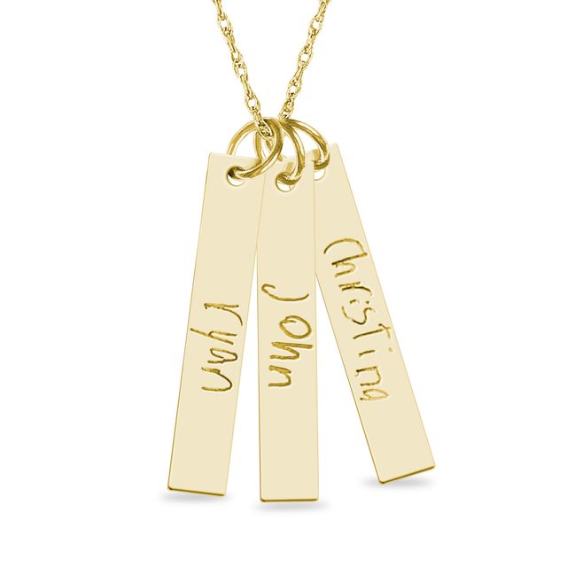 Engravable Your Own Handwriting Triple Vertical Bar Pendant in 10K White, Yellow or Rose Gold (3 Images and 3 Lines)