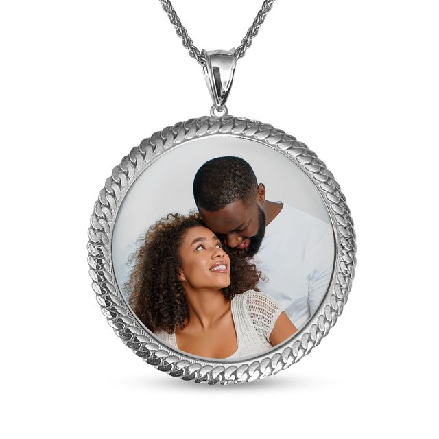 Engravable Photo Cuban Chain Frame Circle Pendant in Sterling Silver (1 Image and 4 Lines) - 22"