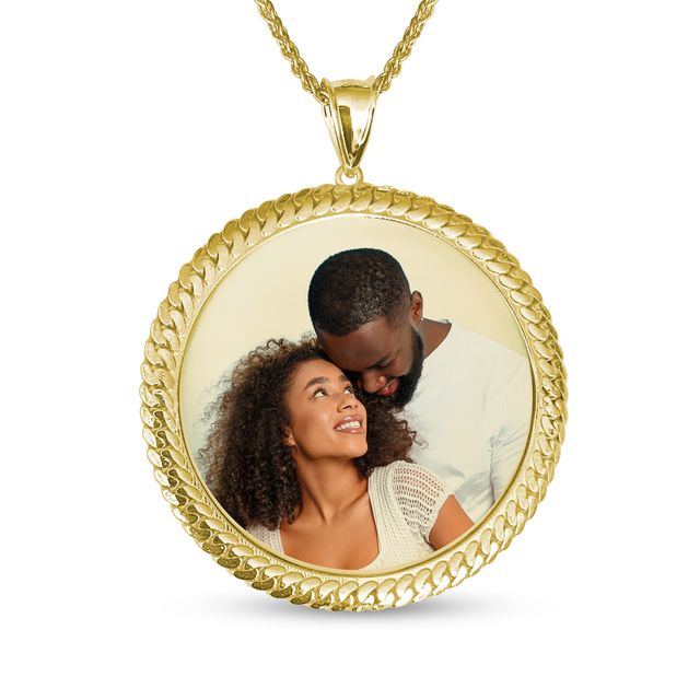 Engravable Photo Cuban Chain Frame Circle Pendant in 10K White or Yellow Gold (1 Image and 4 Lines) - 22"