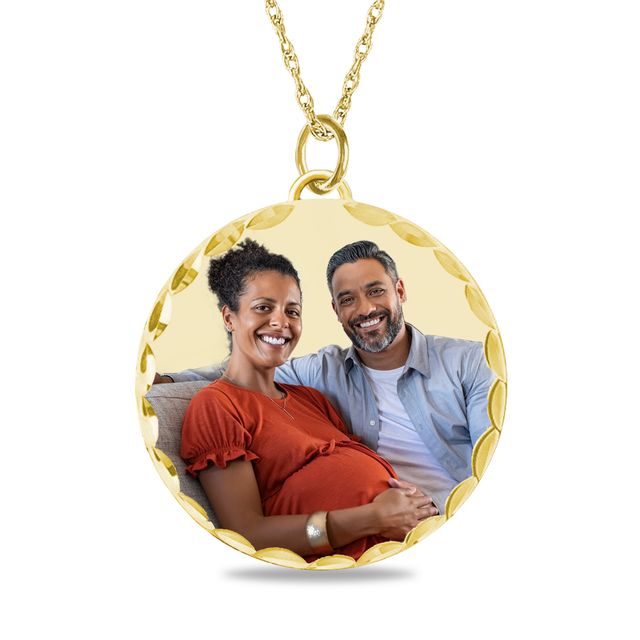 Engravable Photo Diamond-Cut Edge Circle Pendant in 14K White, Yellow or Rose Gold (1 Image and 3 Lines)