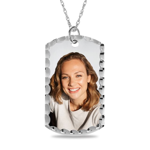 Large Engravable Photo Diamond-Cut Edge Dog Tag Pendant in Sterling Silver (1 Image and 3 Lines)