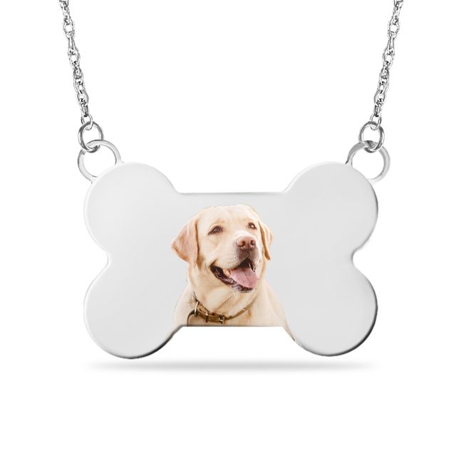 Engravable Photo Dog Bone Necklace in Sterling Silver (1 Image and 1 Line)