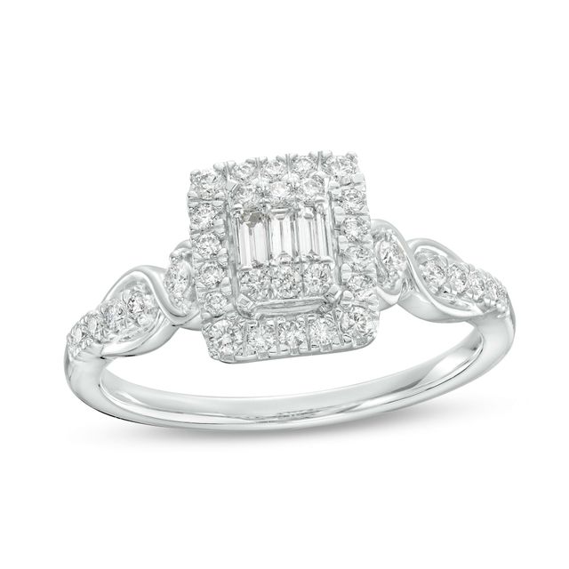 3/8 CT. T.w. Princess-Shaped Multi-Diamond Frame Twist Shank Engagement Ring in 10K White Gold