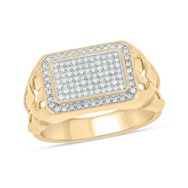 Men's 1/3 CT. T.w. Rectangular Multi-Diamond Double Frame Cut-Out Shank Ring in Sterling Silver with 14K Gold Plate