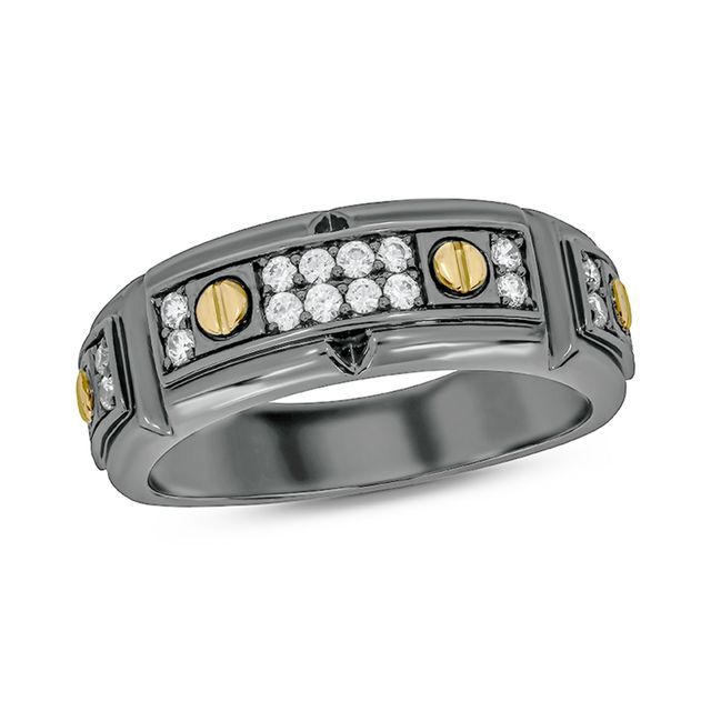 Men's 1/3 CT. T.w. Diamond Double Row Black Rhodium Sterling Silver Band with 14K Gold Plate Screw Accents