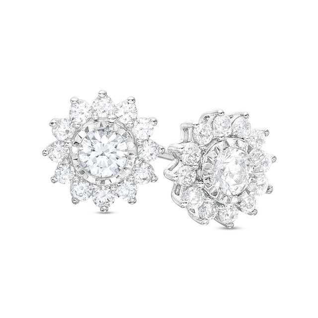 1/2 CT. T.w. Diamond Frame Sunburst Stud Earrings in 10K White Gold