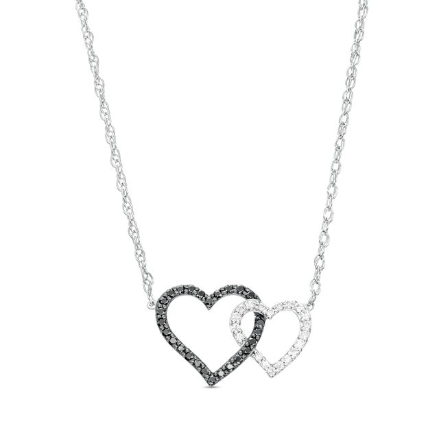 1/5 CT. T.w. Black and White Diamond Interlocking Hearts Necklace in 10K White Gold