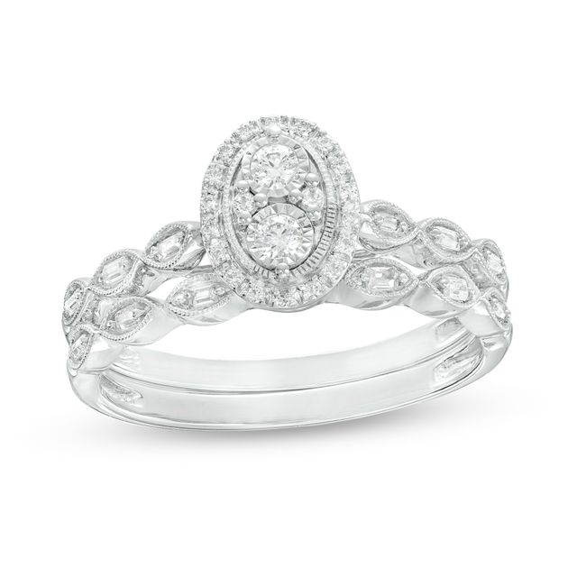 1/4 CT. T.w. Oval-Shaped Multi-Diamond Scallop Shank Vintage-Style Bridal Set in Sterling Silver