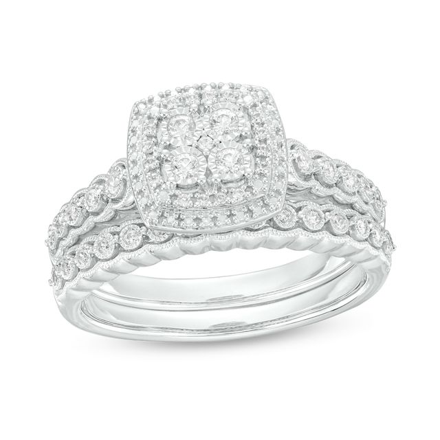 1/4 CT. T.w. Quad Diamond Double Cushion-Shaped Frame Scallop Shank Vintage-Style Bridal Set in Sterling Silver