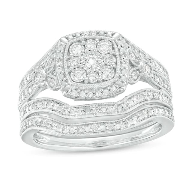 1/3 CT. T.w. Cushion-Shaped Multi-Diamond Frame Multi-Row Split Shank Vintage-Style Bridal Set in Sterling Silver