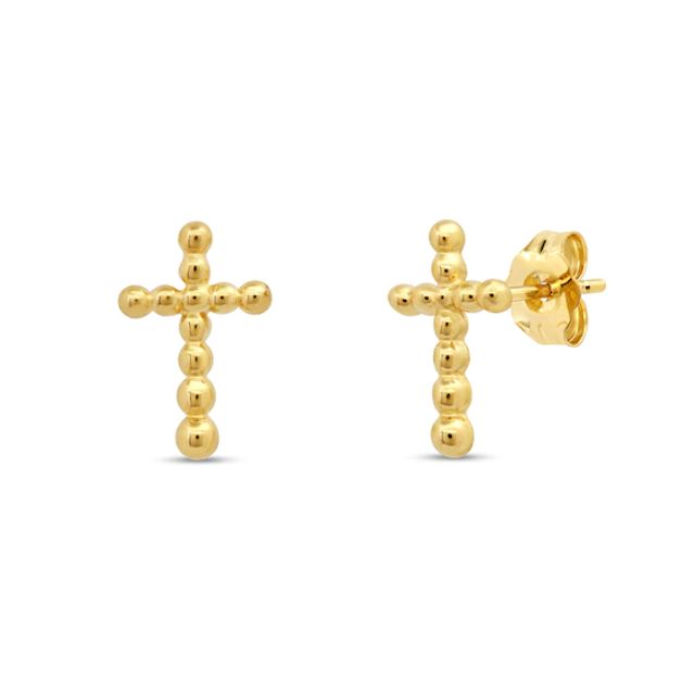 Beaded Cross Stud Earrings in 10K Gold