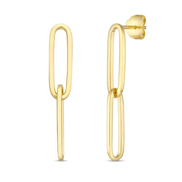 Double Paper Clip Chain Dangle Drop Earrings in 14K Gold