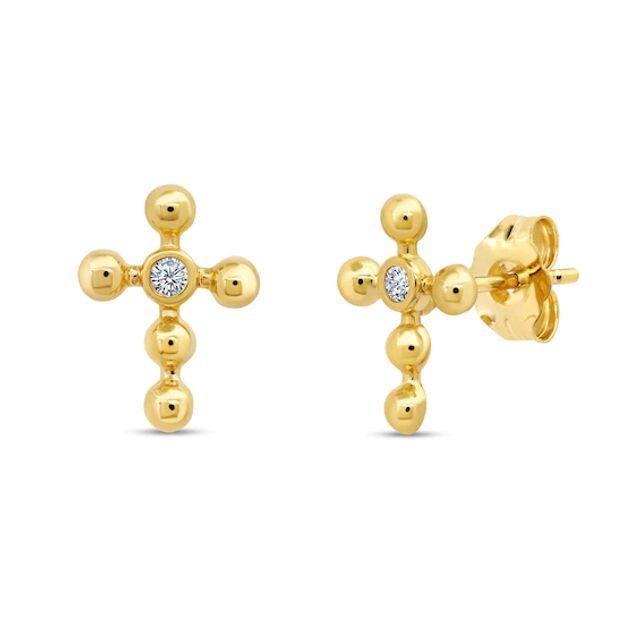 White Lab-Created Sapphire Beaded Cross Stud Earrings in 10K Gold