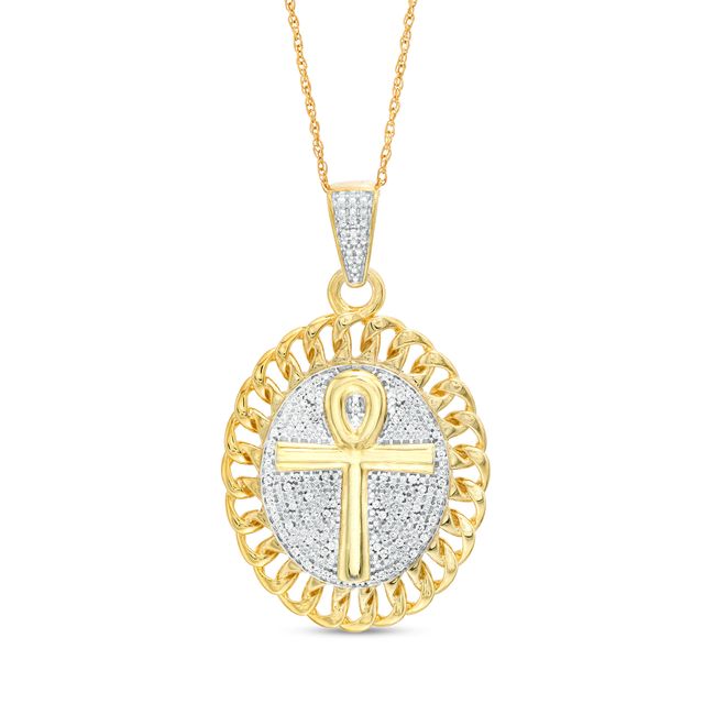 Men's 1/6 CT. T.w. Diamond Linked Chain Frame Oval Ankh Pendant in Sterling Silver with 14K Gold Plate