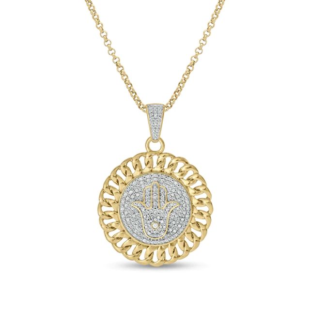 Men's 1/4 CT. T.w. Diamond Hamsa Linked Chain Frame Medallion Pendant in Sterling Silver with 14K Gold Plate