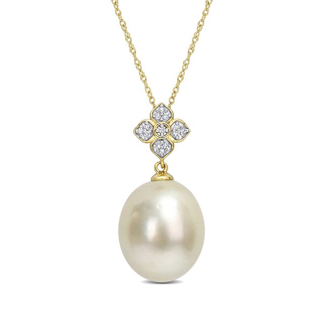 12.0-13.0mm Baroque South Sea Cultured Pearl and 1/15 CT. T.w. Diamond Flower Drop Pendant in 10K Gold-17"