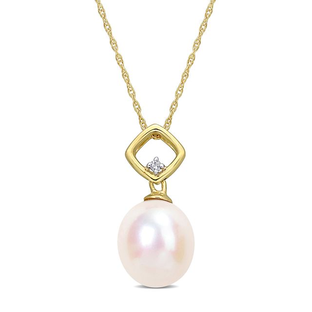 9.0-9.5mm Baroque Freshwater Cultured Pearl and Diamond Accent Square Bail Pendant in 10K Gold-17"