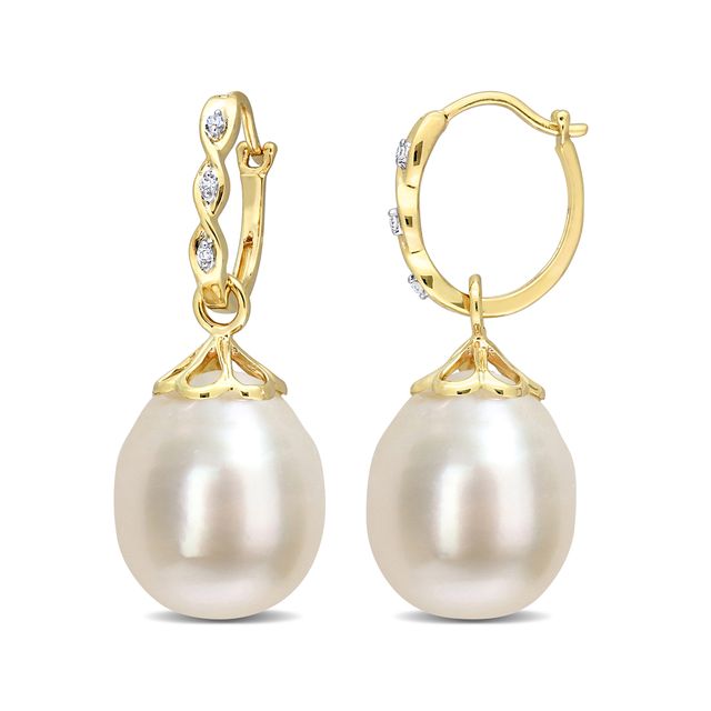 9.0-9.5mm Baroque Cultured South Sea Pearl and Diamond Accent Twist Drop Earrings in 14K Gold
