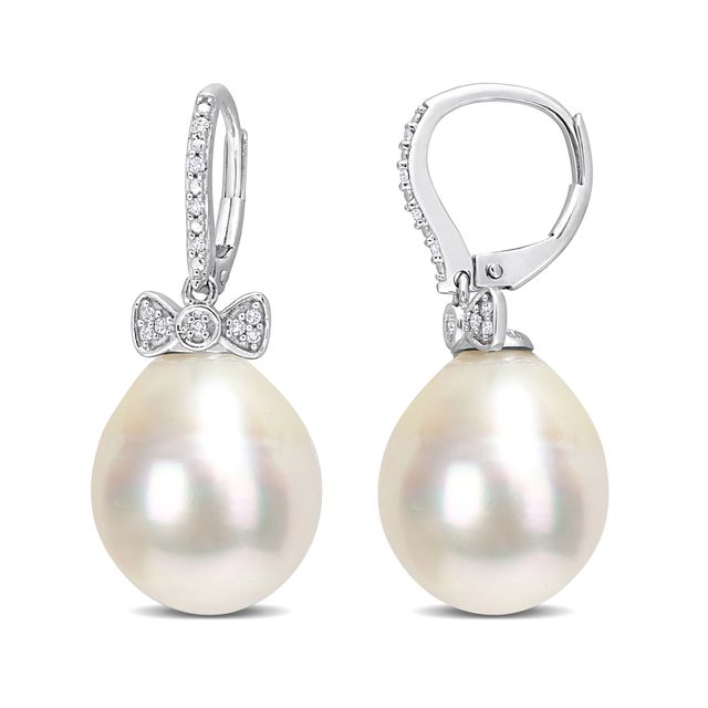 12.0-13.0mm Baroque South Sea Cultured Pearl and 1/10 CT. T.w. Diamond Bow Drop Earrings in 14K White Gold