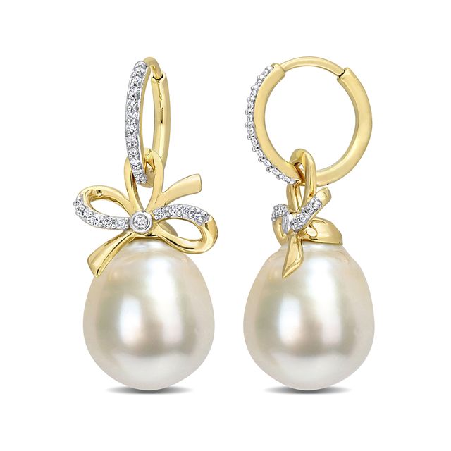 12.0-12.5mm Baroque Golden South Sea Cultured Pearl and 1/5 CT. T.w. Diamond Bow Drop Earrings in 14K Gold