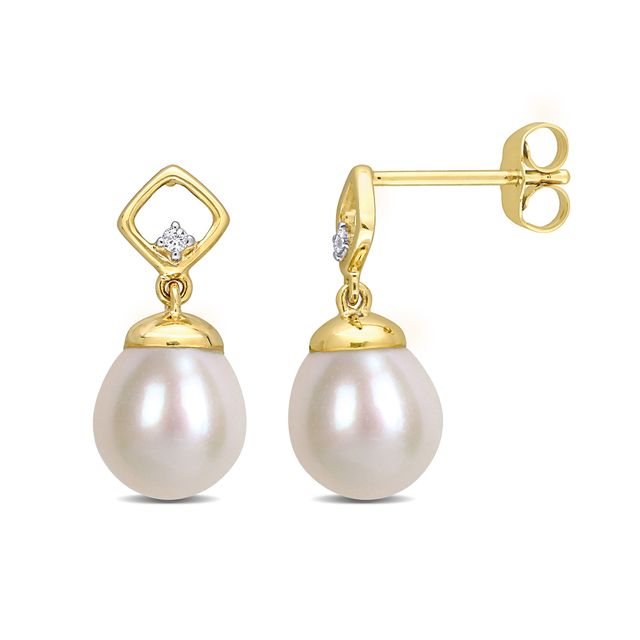 8.0-8.5mm Baroque Freshwater Cultured Pearl and Diamond Accent Square Drop Earrings in 10K Gold
