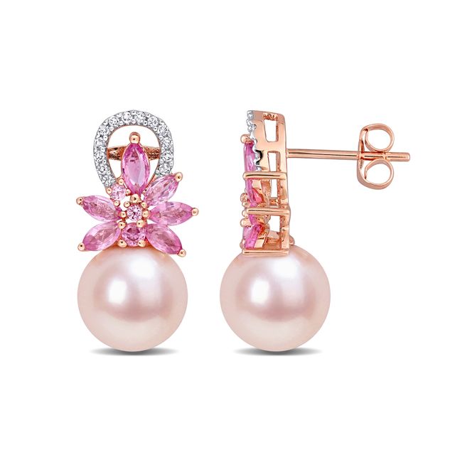 9.0-9.5mm Pink Freshwater Cultured Pearl, Pink Sapphire, and 1/8 CT. T.w. Diamond Flower Drop Earrings in 14K Rose Gold