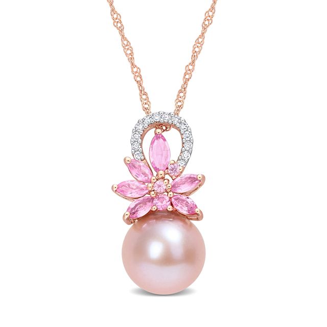 9.5-10.0mm Pink Cultured Freshwater Pearl, Pink Sapphire, and 1/15 CT. T.w. Diamond Pendant in 14K Rose Gold - 17"