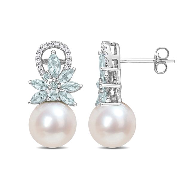 9.0-9.5mm Freshwater Cultured Pearl, Aquamarine, and 1/8 CT. T.w. Diamond Flower Drop Earrings in 14K White Gold