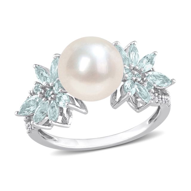 9.0-9.5mm Cultured Freshwater Pearl, Aquamarine, and 1/8 CT. T.w. Diamond Flower Ring in 14K White Gold