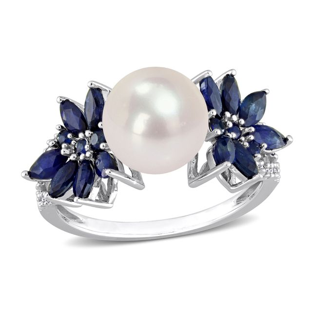 9.0-9.5mm Freshwater Cultured Pearl, Blue Sapphire, and 1/8 CT. T.w. Diamond Flower Ring 14K White Gold