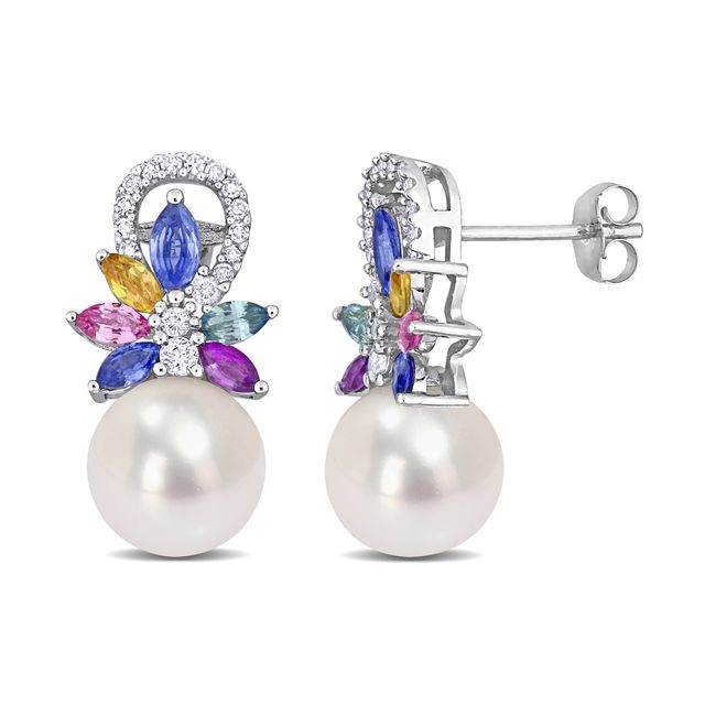9.0-9.5mm Freshwater Cultured Pearl, Multi-Coloured Sapphire, and 1/8 CT. T.w. Diamond Drop Earrings in 14K White Gold