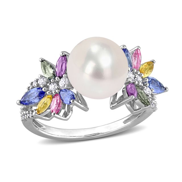 9.0-9.5mm Freshwater Cultured Pearl, Multi-Coloured Sapphire, and 1/8 CT. T.w. Diamond Flower Ring in 14K White Gold