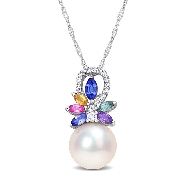 9.5-10.0mm Freshwater Cultured Pearl, Multi-Coloured Sapphire, and 1/15 CT. T.w. Diamond Pendant in 14K White Gold-17"