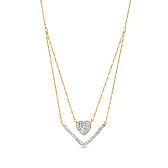 1/3 C.t. T.w. Diamond Heart and Chevron Double Strand Necklace in 10K Gold