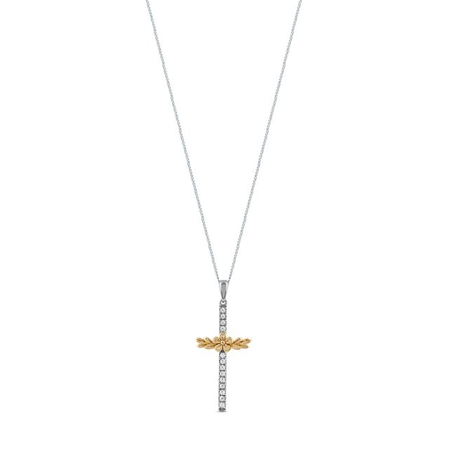 1/10 CT. T.w. Diamond Flower and Leaves Cross Pendant in Sterling Silver with 14K Gold Plate