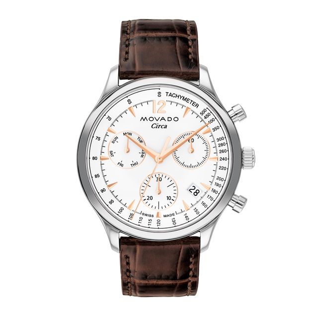 Men's Movado HeritageÂ® Circa Chronograph Brown Leather Strap Watch with White Dial (Model: 3650132)