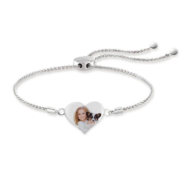 Engravable Photo Heart Bolo Bracelet in Sterling Silver (1 Image and Line) - 7.5"