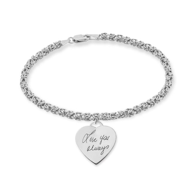 Engravable Your Own Handwriting Heart Charm Bracelet in Sterling Silver (1 Image) - 7.5"